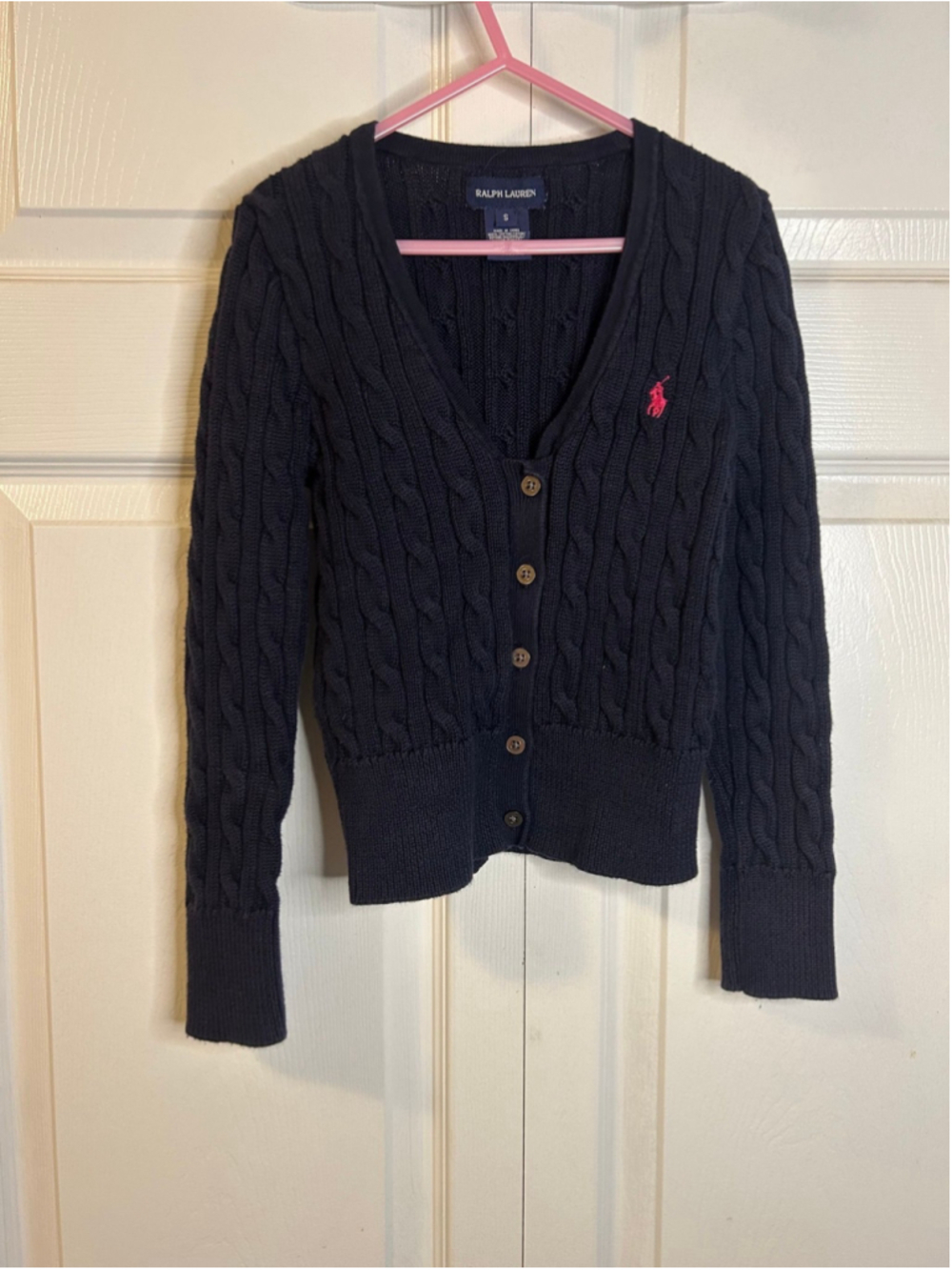 Ralph Lauren Girl Navy Cable Knit Button Up Cardigan pink pony 6/7
